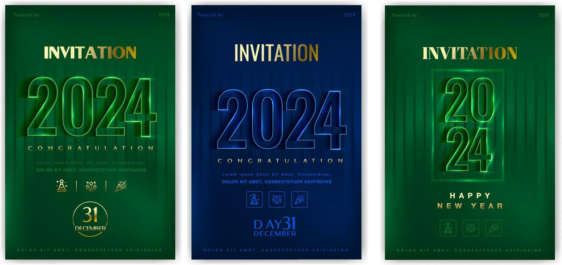 Set of Happy new year covers 2024. Classic design with neon numbers. New Year 2024 congratulatory invitation vector