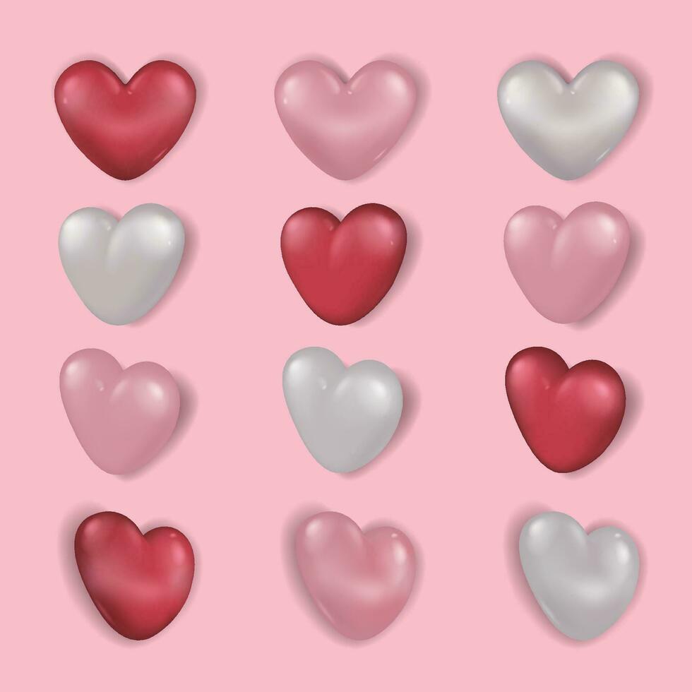 Collection of hearts from different angles, including red, pink and white vector