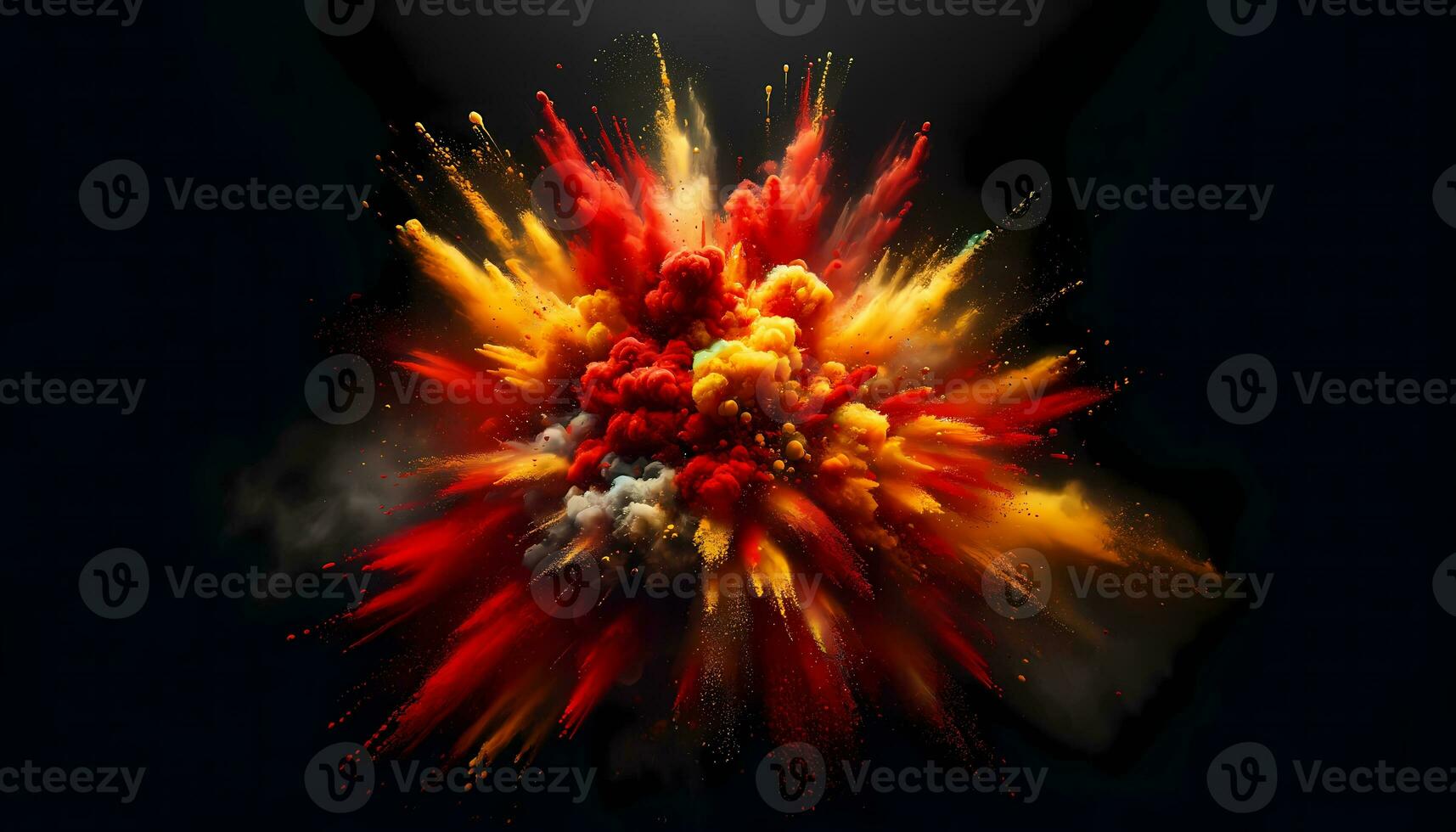 A dynamic and dramatic explosion of red and yellow powder on a black background. AI Generated photo