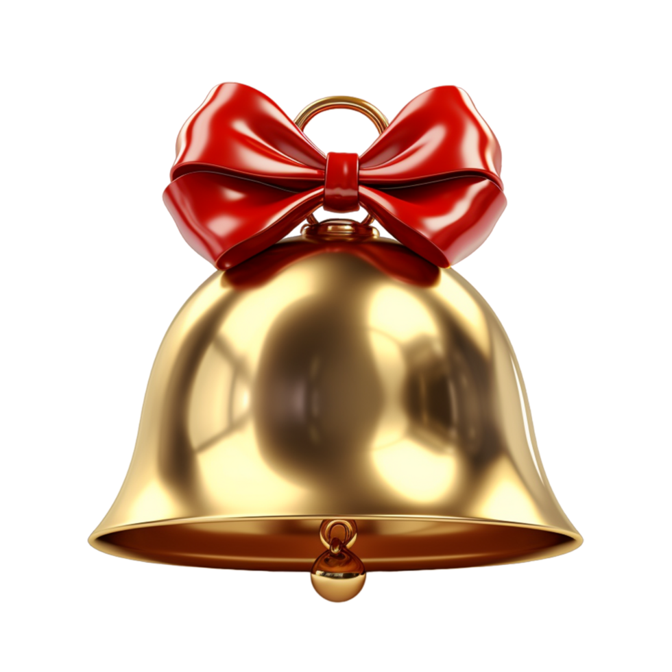 Decorative christmas golden jingle bell with red ribbon bow ai generative png