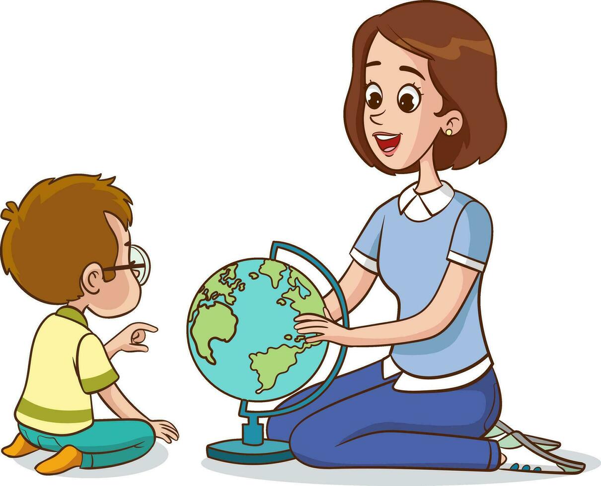 teacher with kids and globe in the classroom vector illustration graphic design