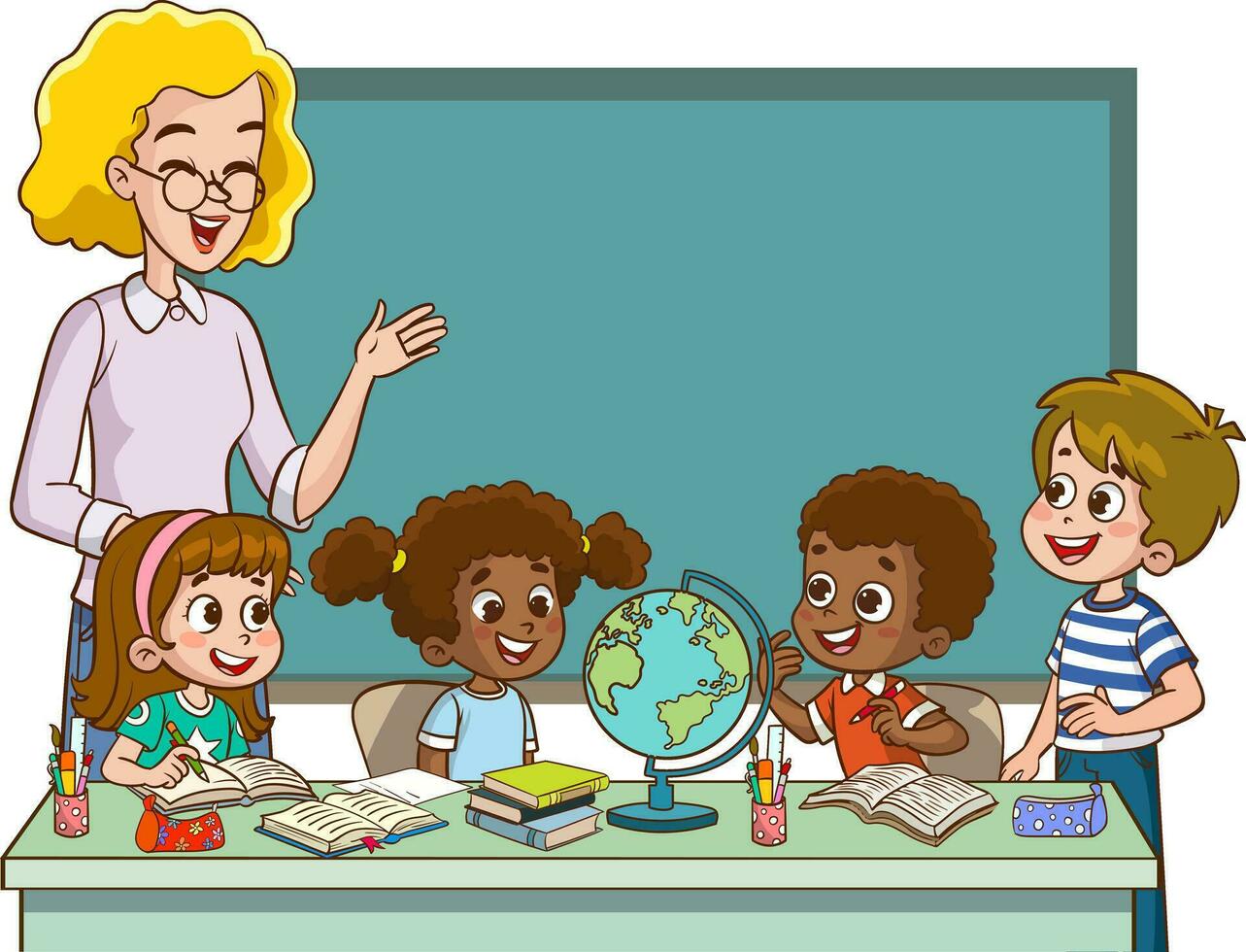 teacher with kids and globe in the classroom vector illustration graphic design