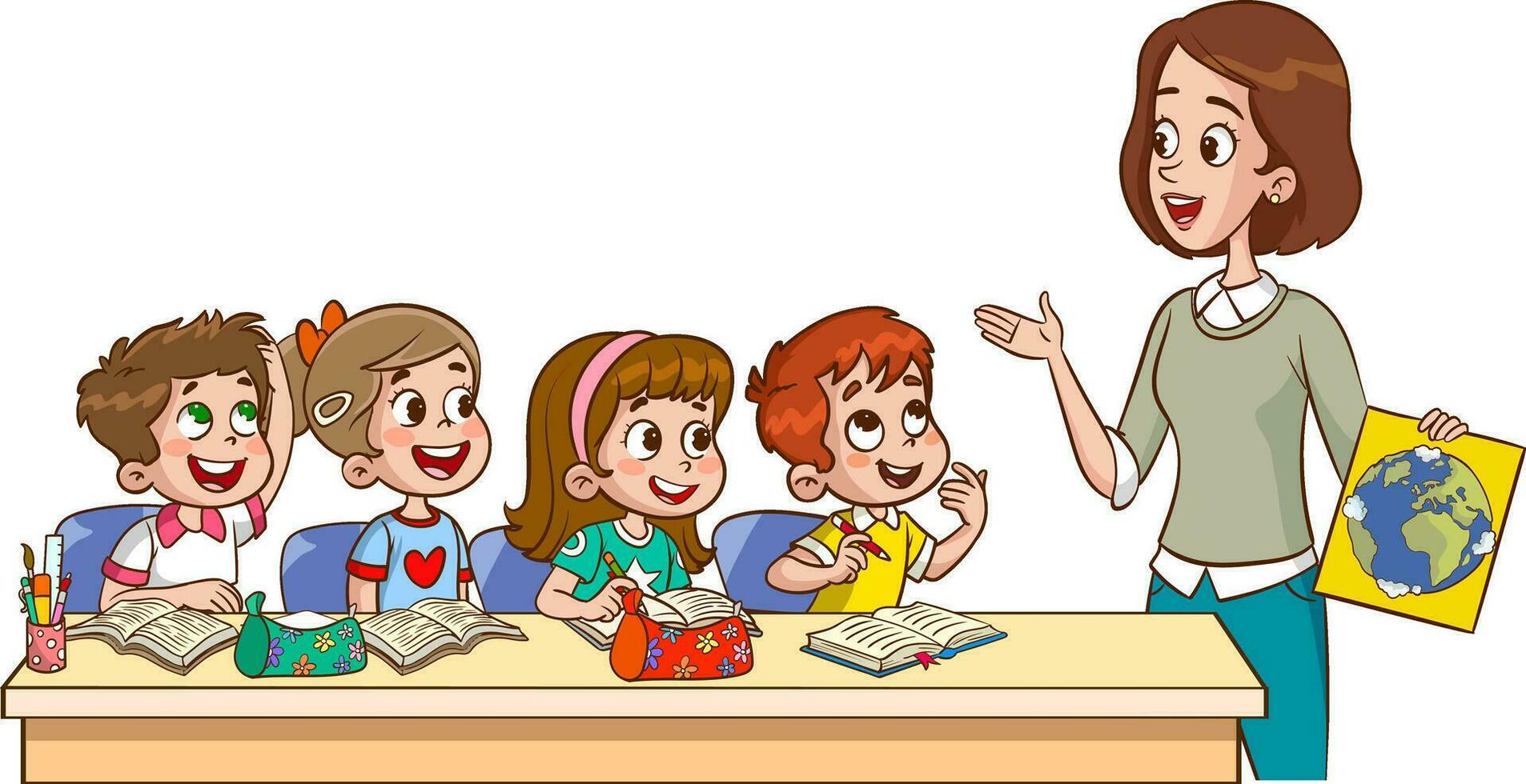 teacher with kids and globe in the classroom vector illustration graphic design