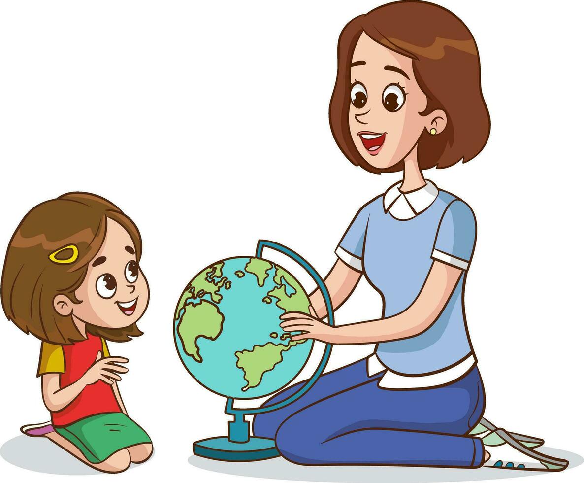 teacher with kids and globe in the classroom vector illustration graphic design