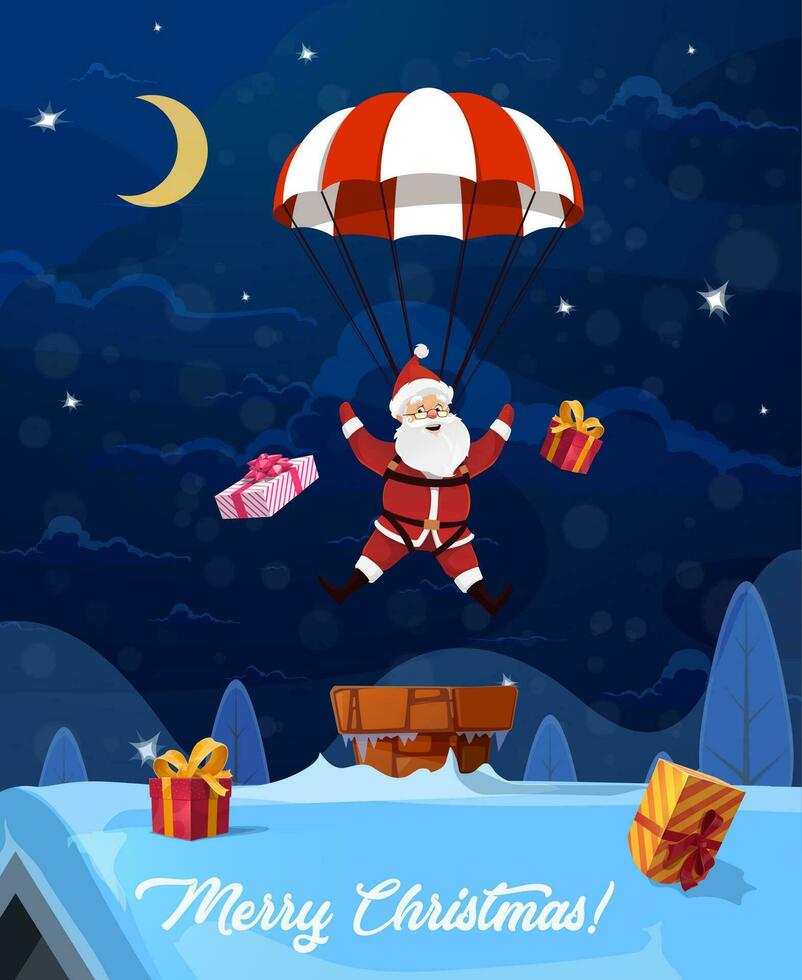 Christmas Santa descends to roof on a parachute. vector