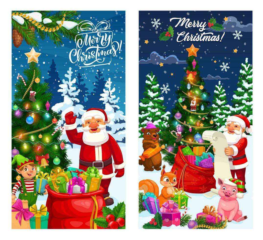 Navidad pancartas con Papa Noel, bolso y pino árbol vector