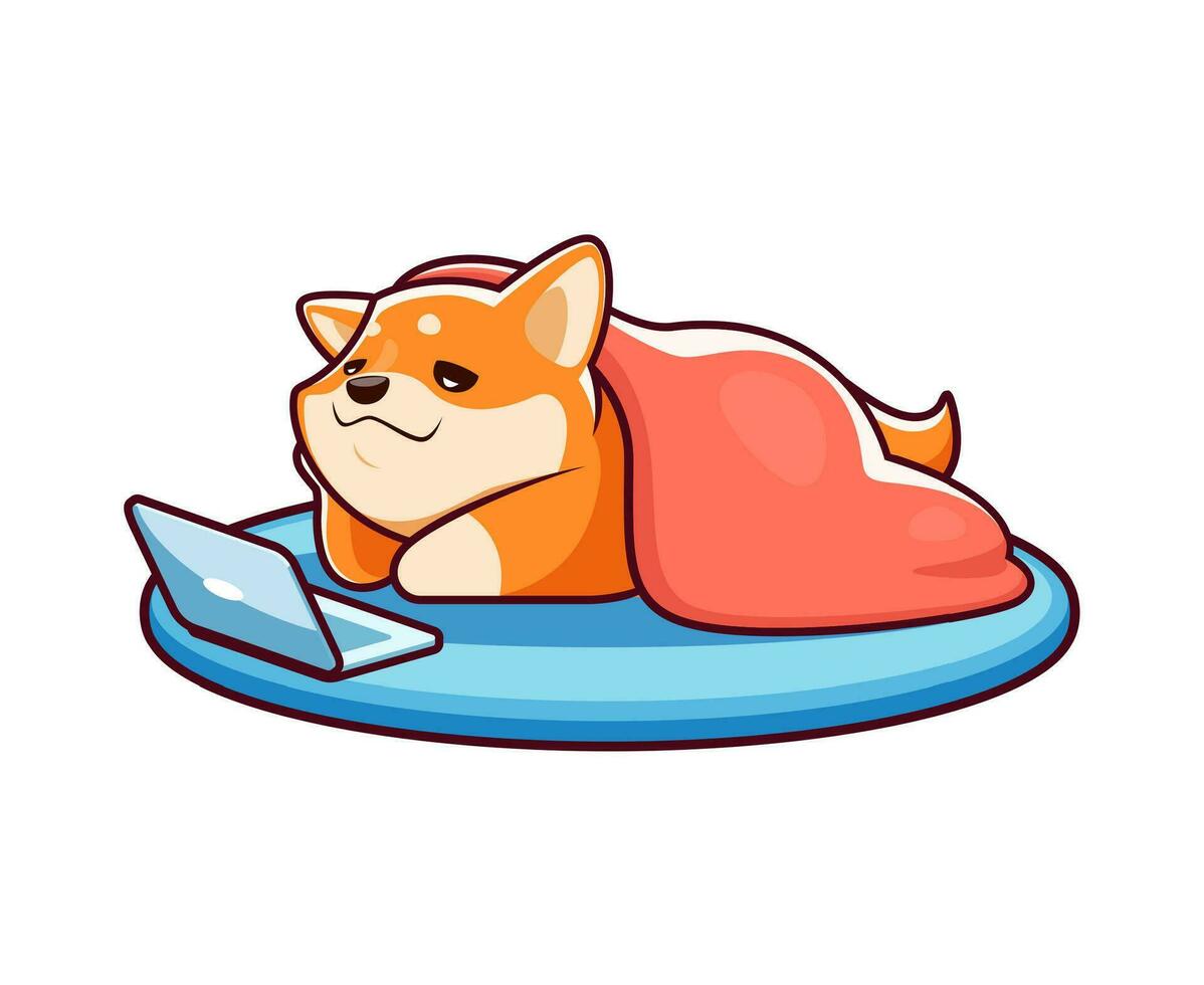 dibujos animados contento shiba inu perro personaje utilizando ordenador portátil vector