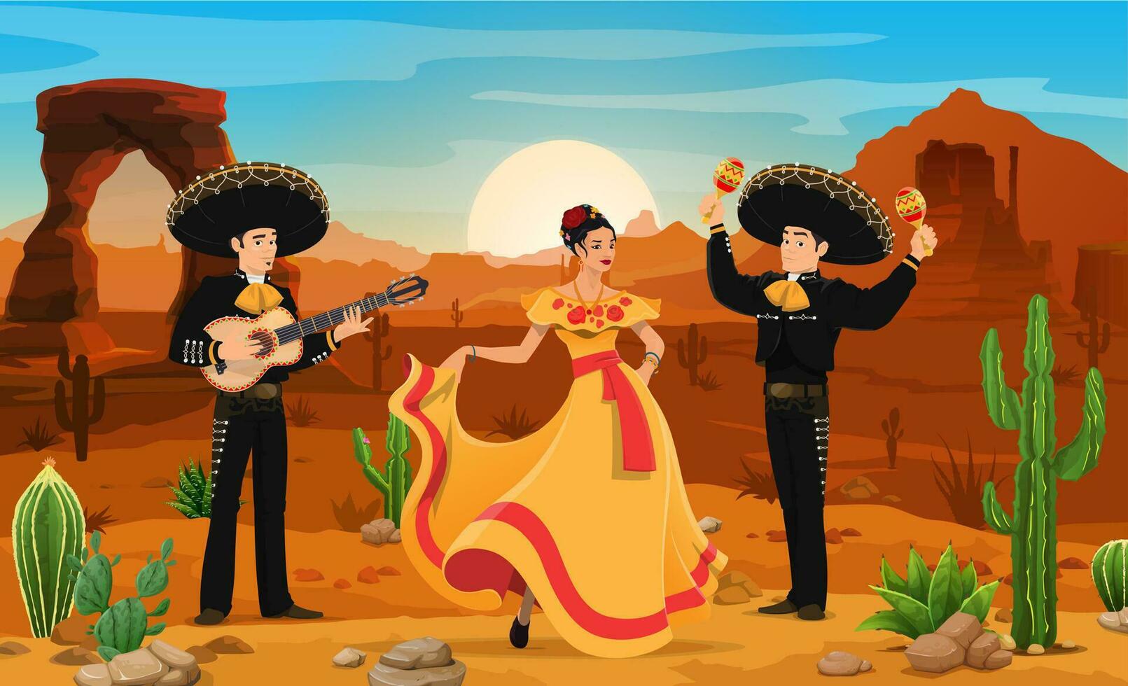 mexicano músicos y mujer bailarín a Desierto vector