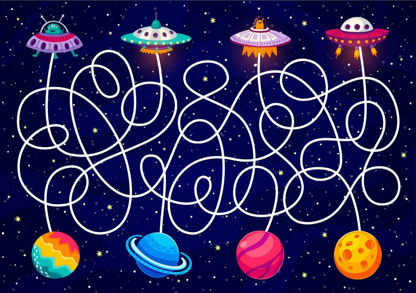 Galaxy space labyrinth maze. Help UFO find planet vector