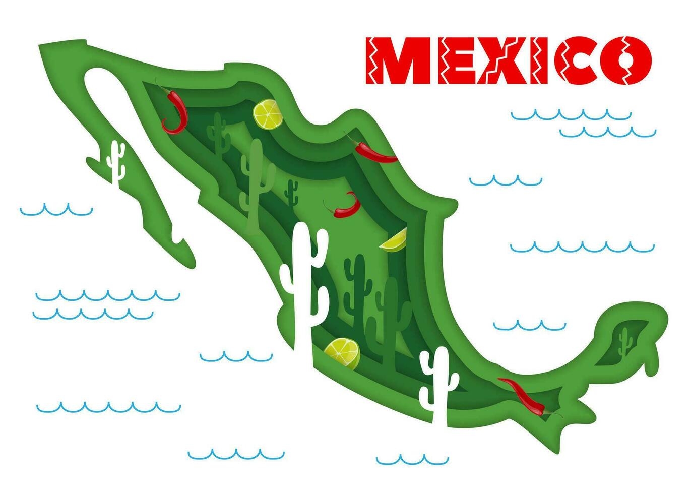 Paper cut map of Mexico with Mexican cactus, limes vector