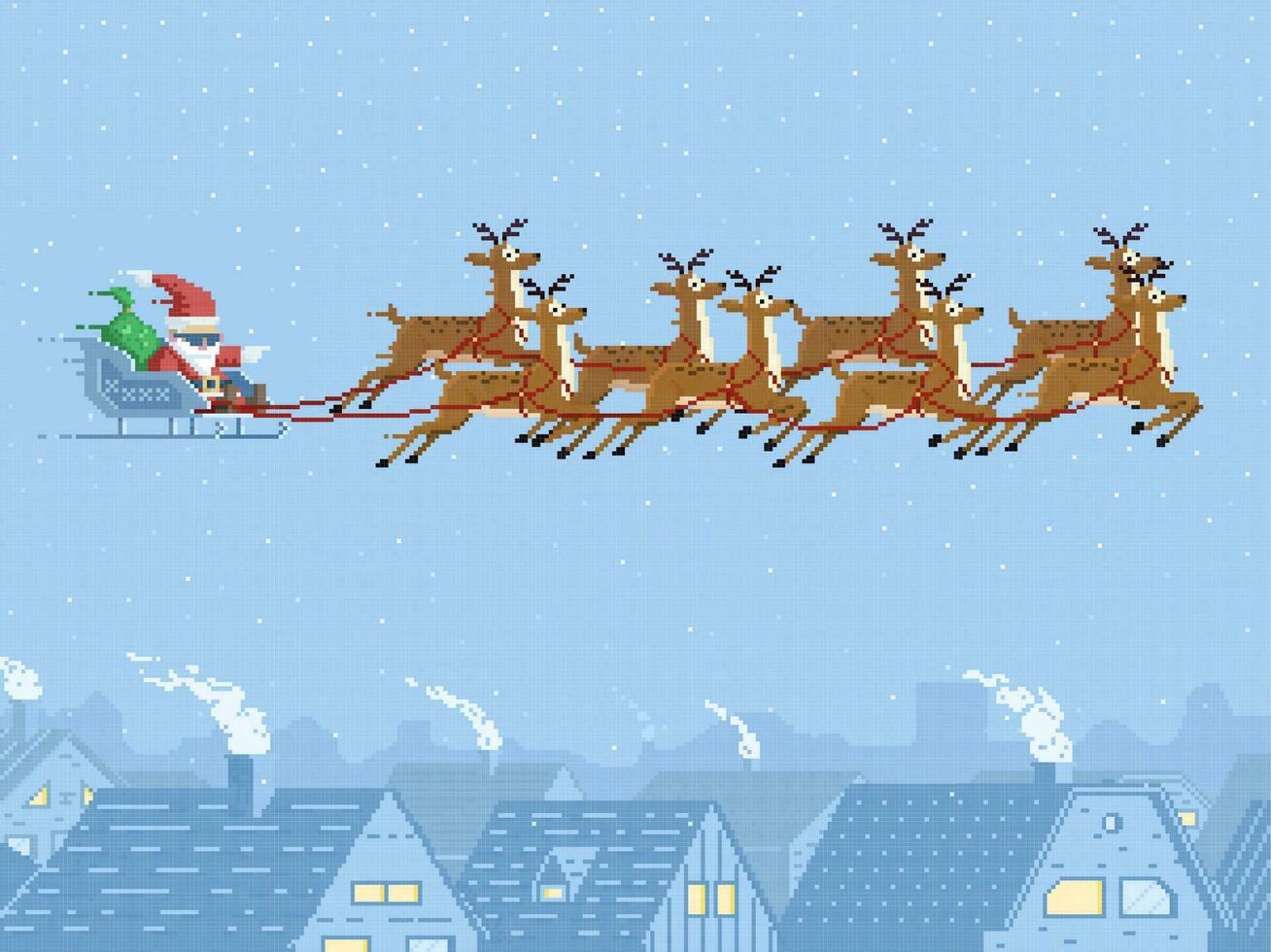 Pixel Santa on sleigh, reindeer in sky, Christmas vector