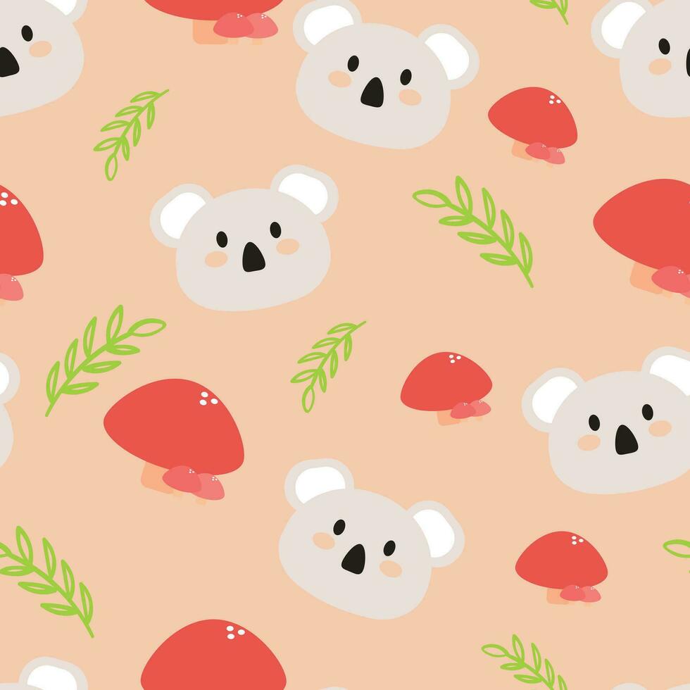 Cute koala and mushroom cartoon seamless pattern. cute animal wallpaper illustrations for gift wrapping paper vector