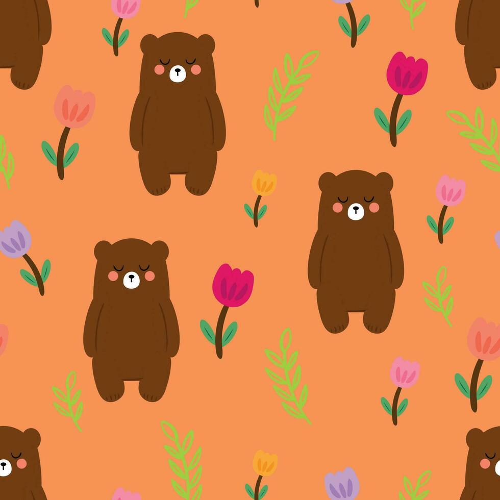 Seamless pattern with cute cartoon bears and colorful flowers, on fabric, textile, gift wrapping paper. colorful vector for children, flat style