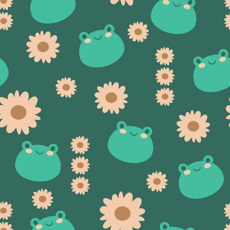 Cute frogs and cartoon flowers seamless pattern. cute animal wallpaper illustrations for gift wrapping paper vector