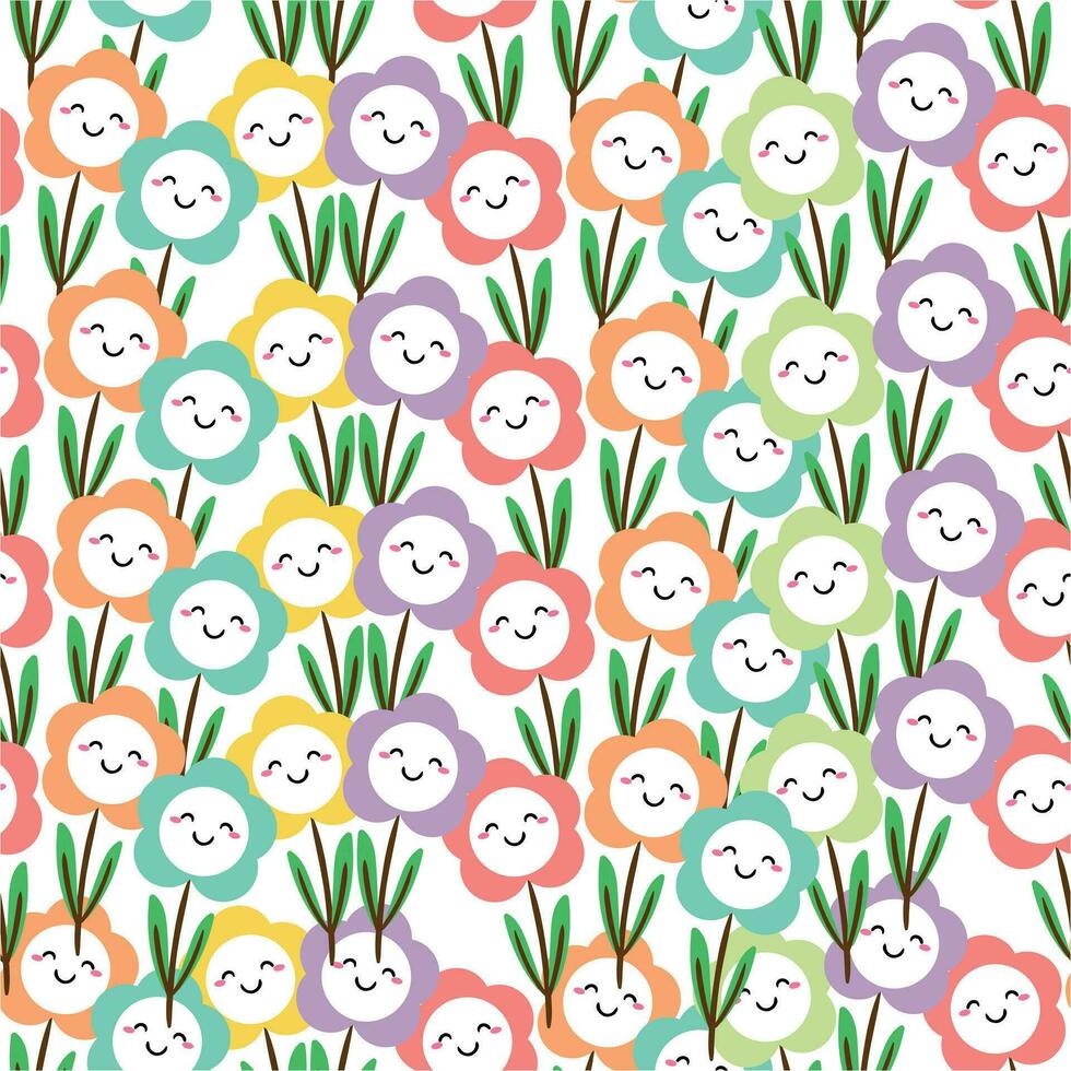 sin costura modelo con linda dibujos animados flores, en tela, textil, regalo envase papel. vistoso vector para niños, plano estilo