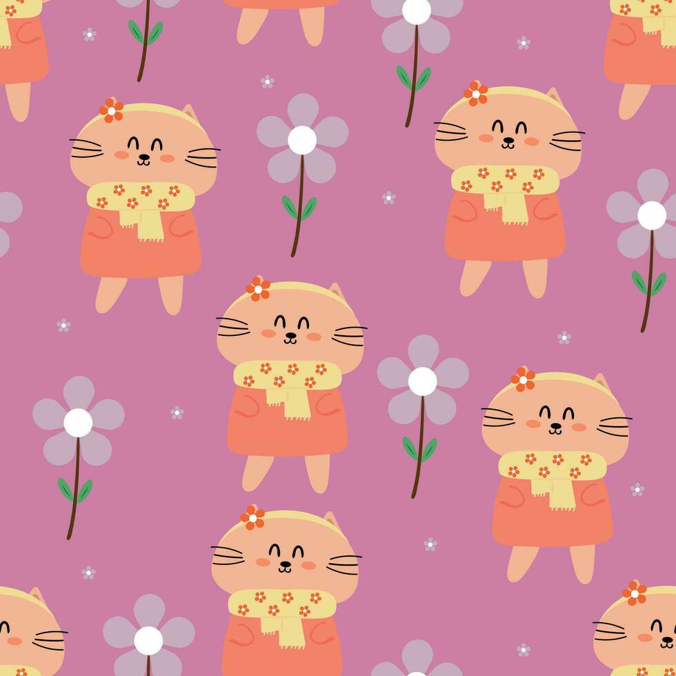 Seamless pattern with cute cartoon cats,and purple flowers for fabric prints, textiles, gift wrapping paper. colorful vector for children, flat style