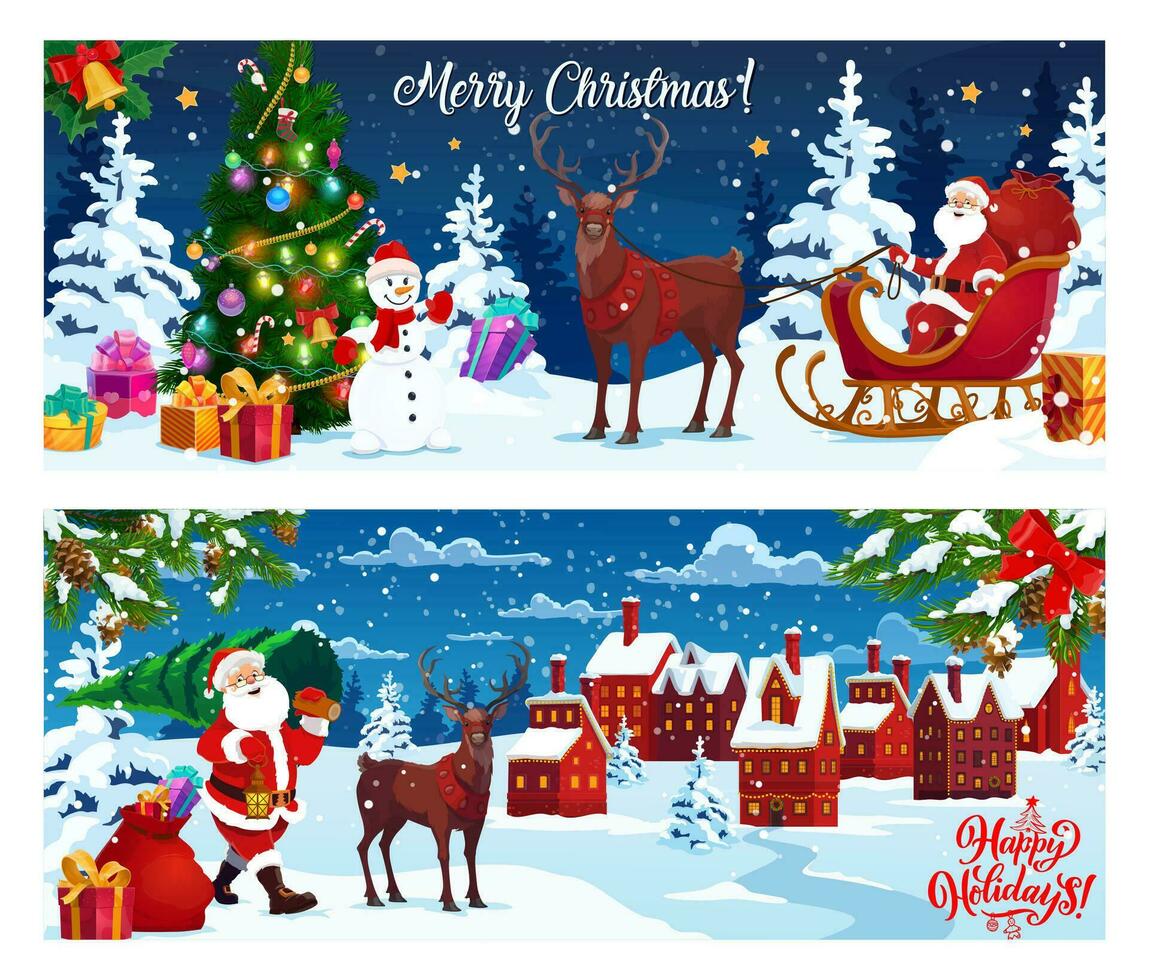 Merry Christmas banners with holiday characters vector