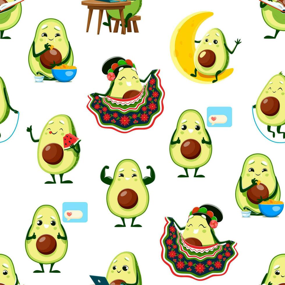 Cartoon funny avocado characters seamless pattern vector