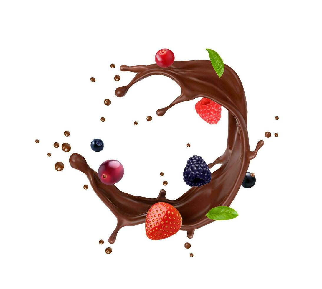 Chocolate milk drink swirl splash and berries vector