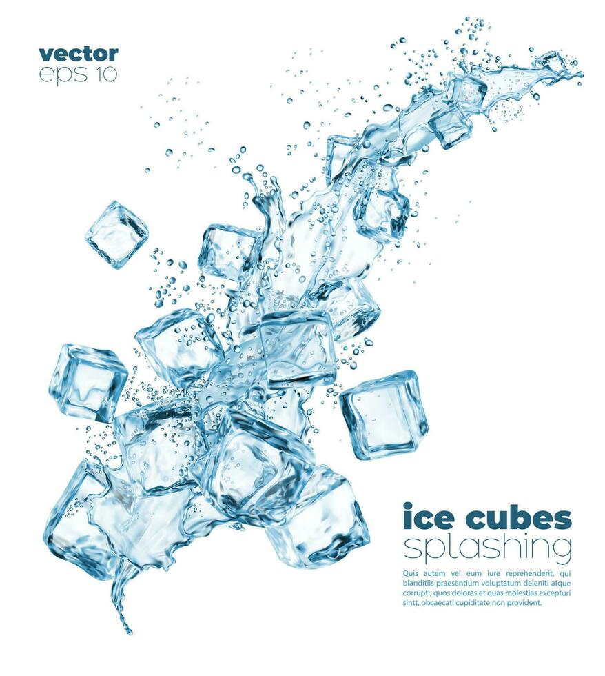 Liquid blue water cascade splash, ice cubes flow vector