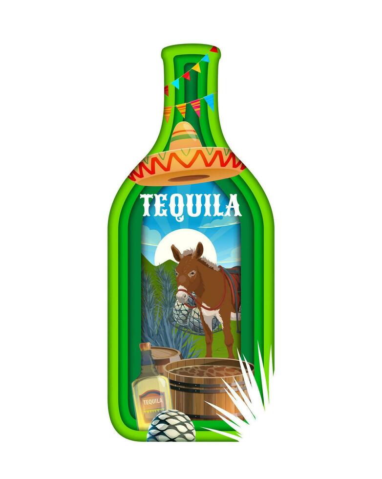 Paper cut Mexican tequila bottle, vector 3d frame