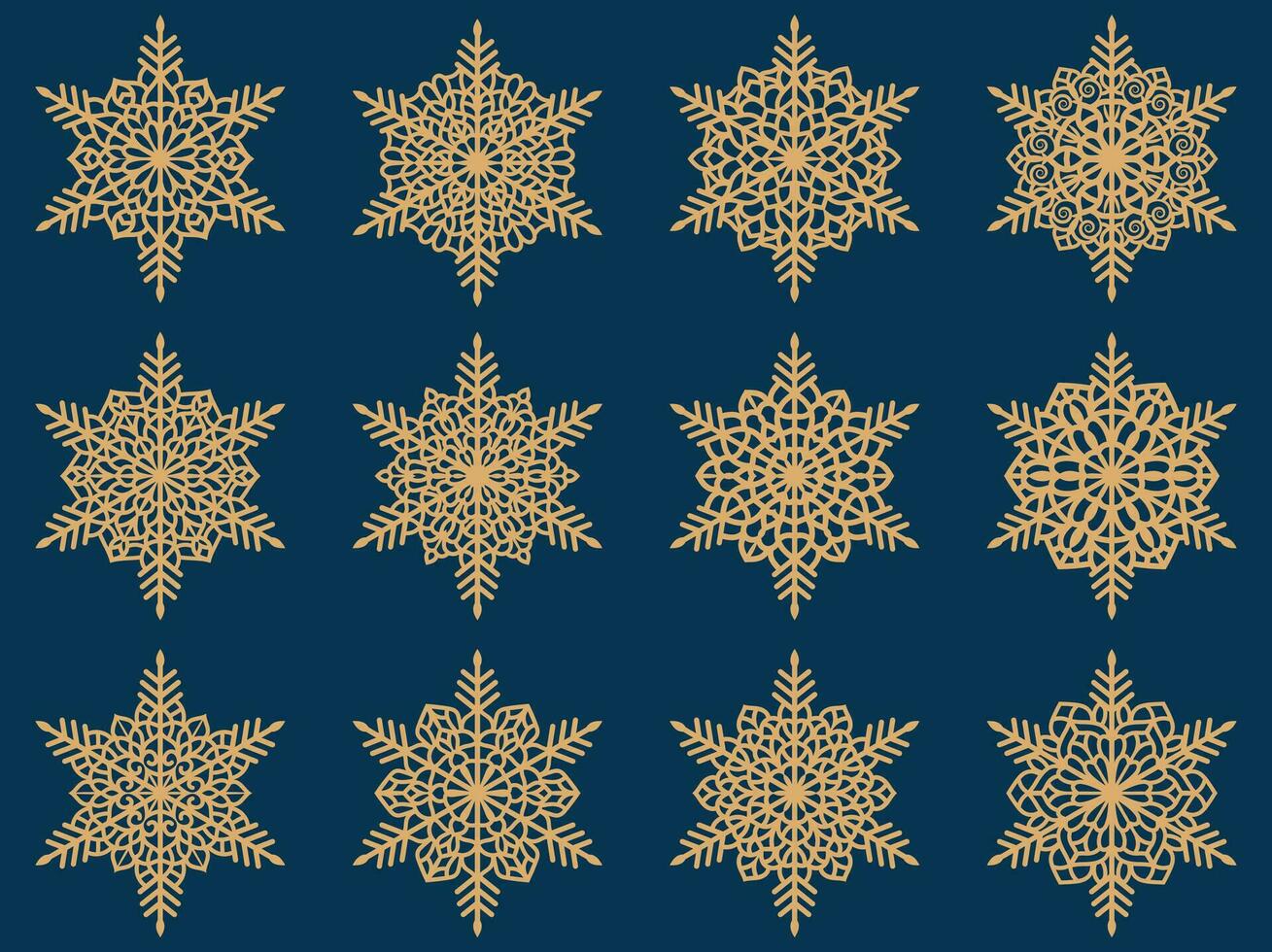 Set of laser cutting openwork snowflakes. Vector silhouette of christmas decoration. Template for paper isolated on blue background. Stencil for scrapbooking, carved wood.