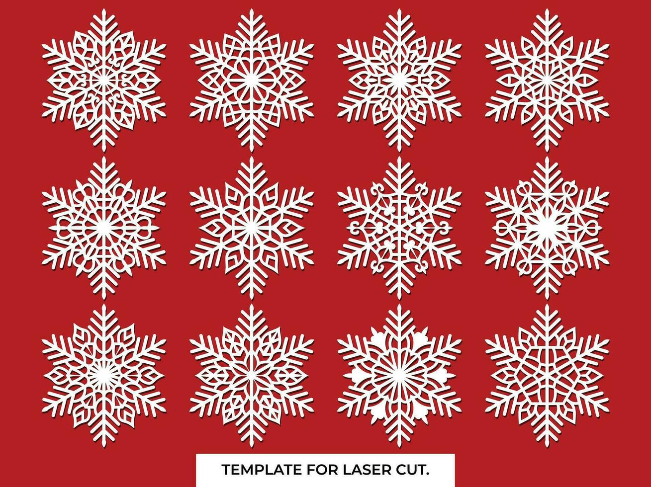 Set of laser cutting openwork snowflakes. Vector silhouette of christmas decoration. Template for paper isolated on blue background. Stencil for scrapbooking, carved wood.