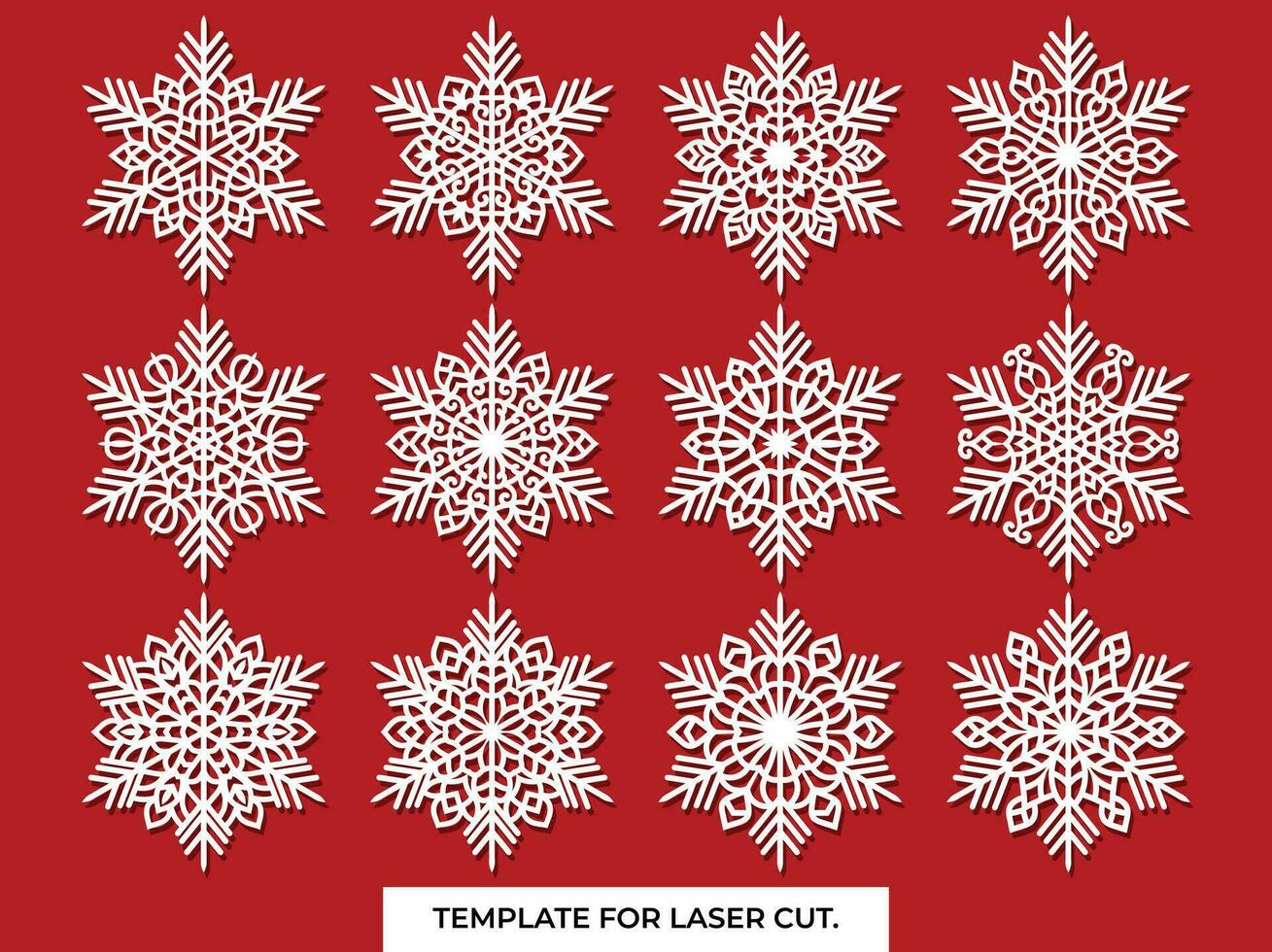 Set of laser cutting openwork snowflakes. Vector silhouette of christmas decoration. Template for paper isolated on blue background. Stencil for scrapbooking, carved wood.