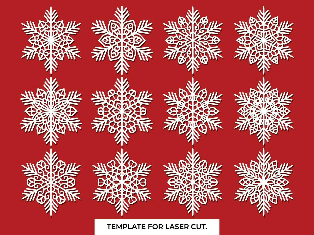 Set of laser cutting openwork snowflakes. Vector silhouette of christmas decoration. Template for paper isolated on blue background. Stencil for scrapbooking, carved wood.