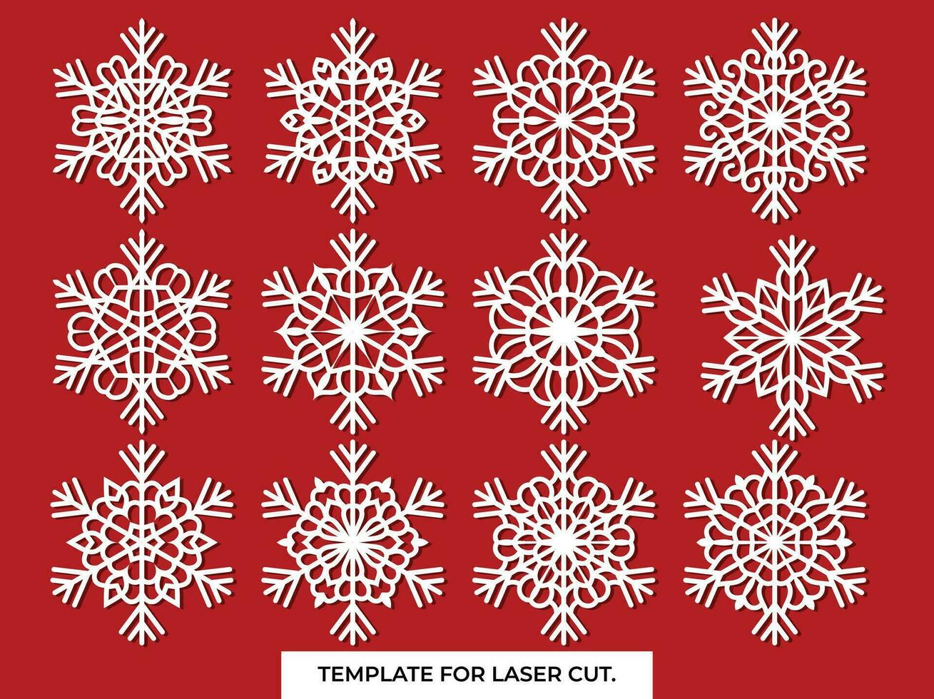 Set of laser cutting openwork snowflakes. Vector silhouette of christmas decoration. Template for paper isolated on blue background. Stencil for scrapbooking, carved wood.