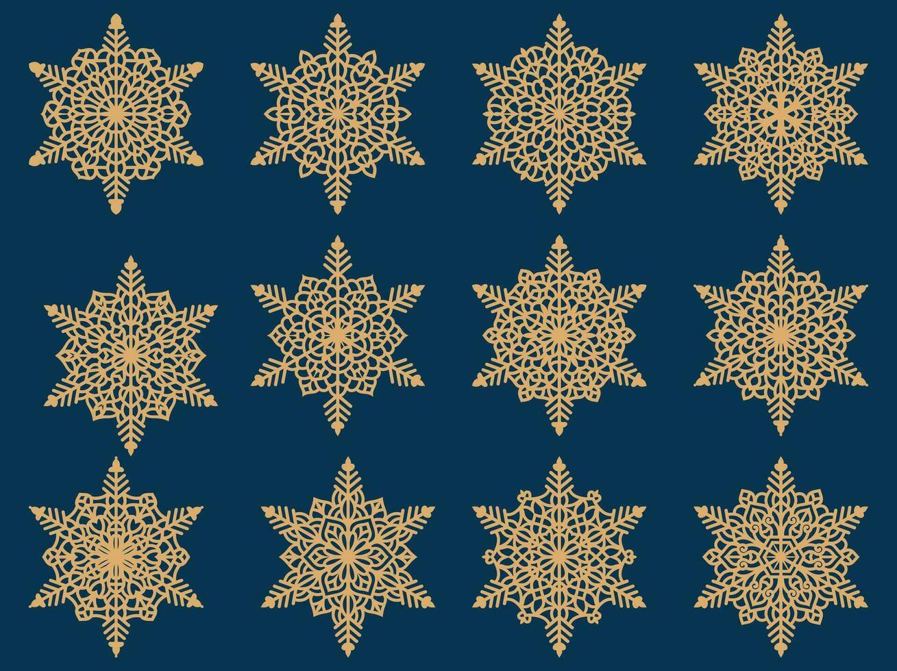 Set of laser cutting openwork snowflakes. Vector silhouette of christmas decoration. Template for paper isolated on blue background. Stencil for scrapbooking, carved wood.