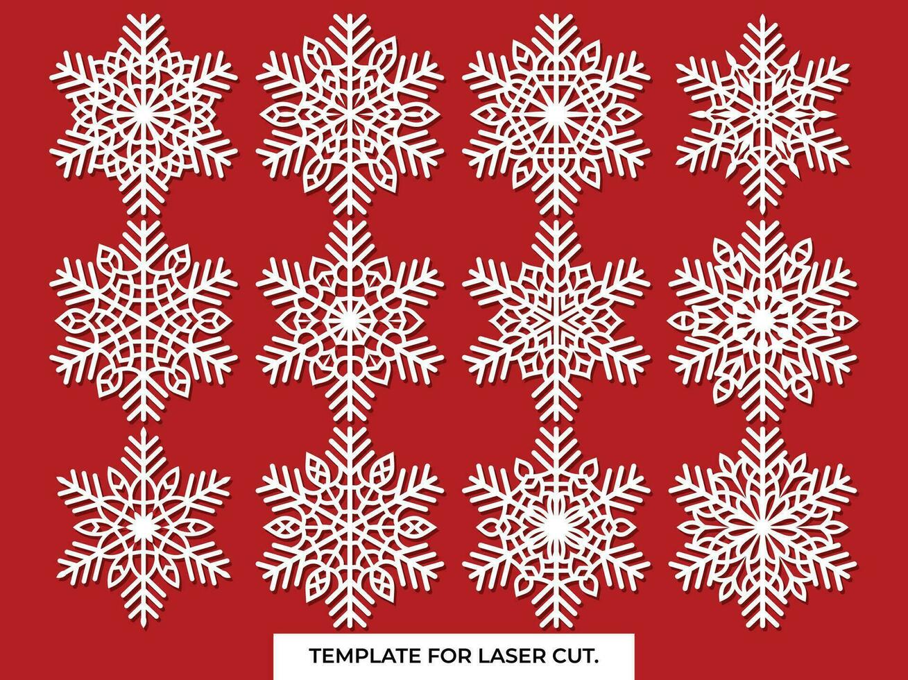 Set of laser cutting openwork snowflakes. Vector silhouette of christmas decoration. Template for paper isolated on blue background. Stencil for scrapbooking, carved wood.