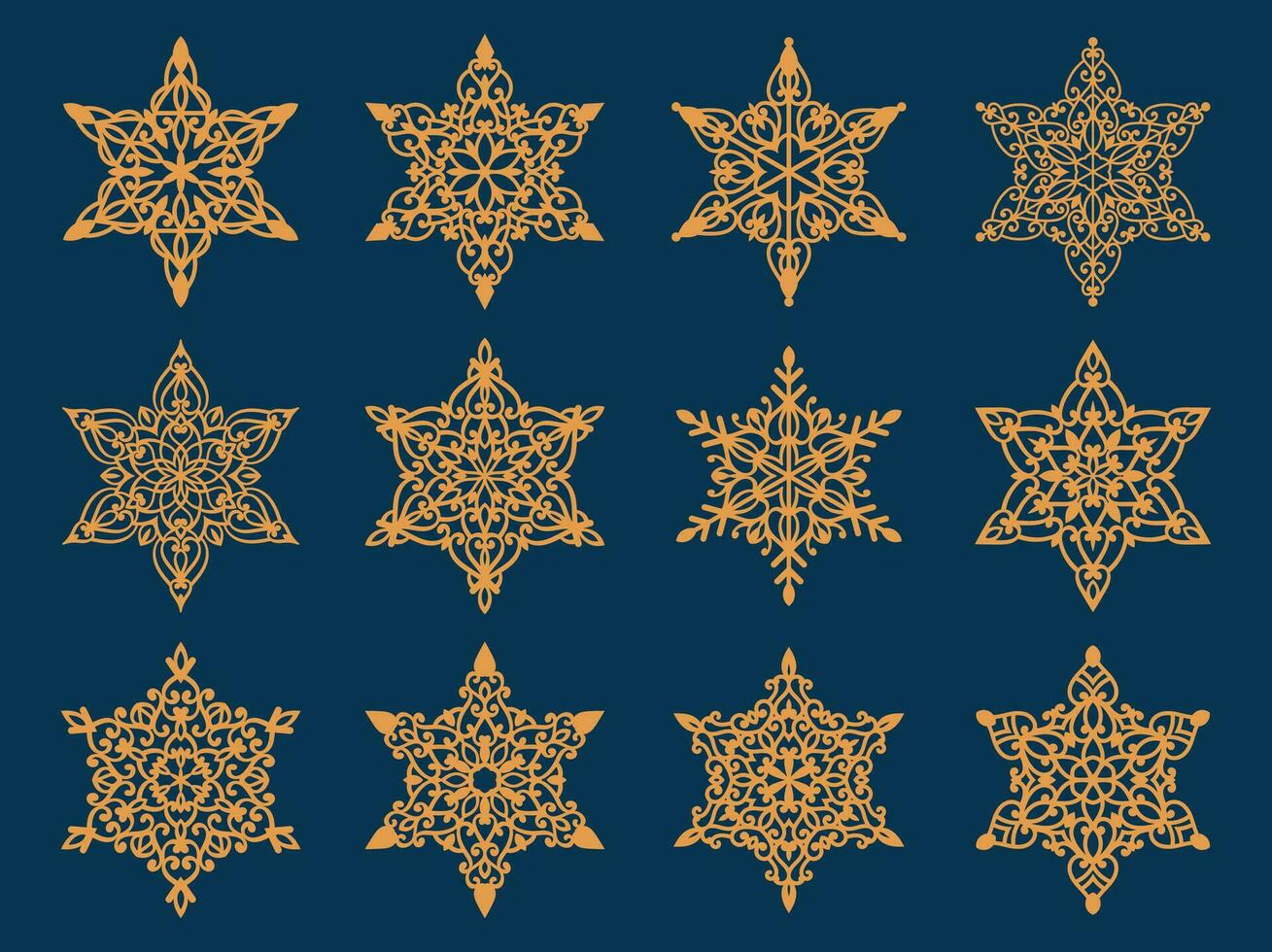 Set of laser cutting openwork snowflakes. Vector silhouette of christmas decoration. Template for paper isolated on blue background. Stencil for scrapbooking, carved wood.