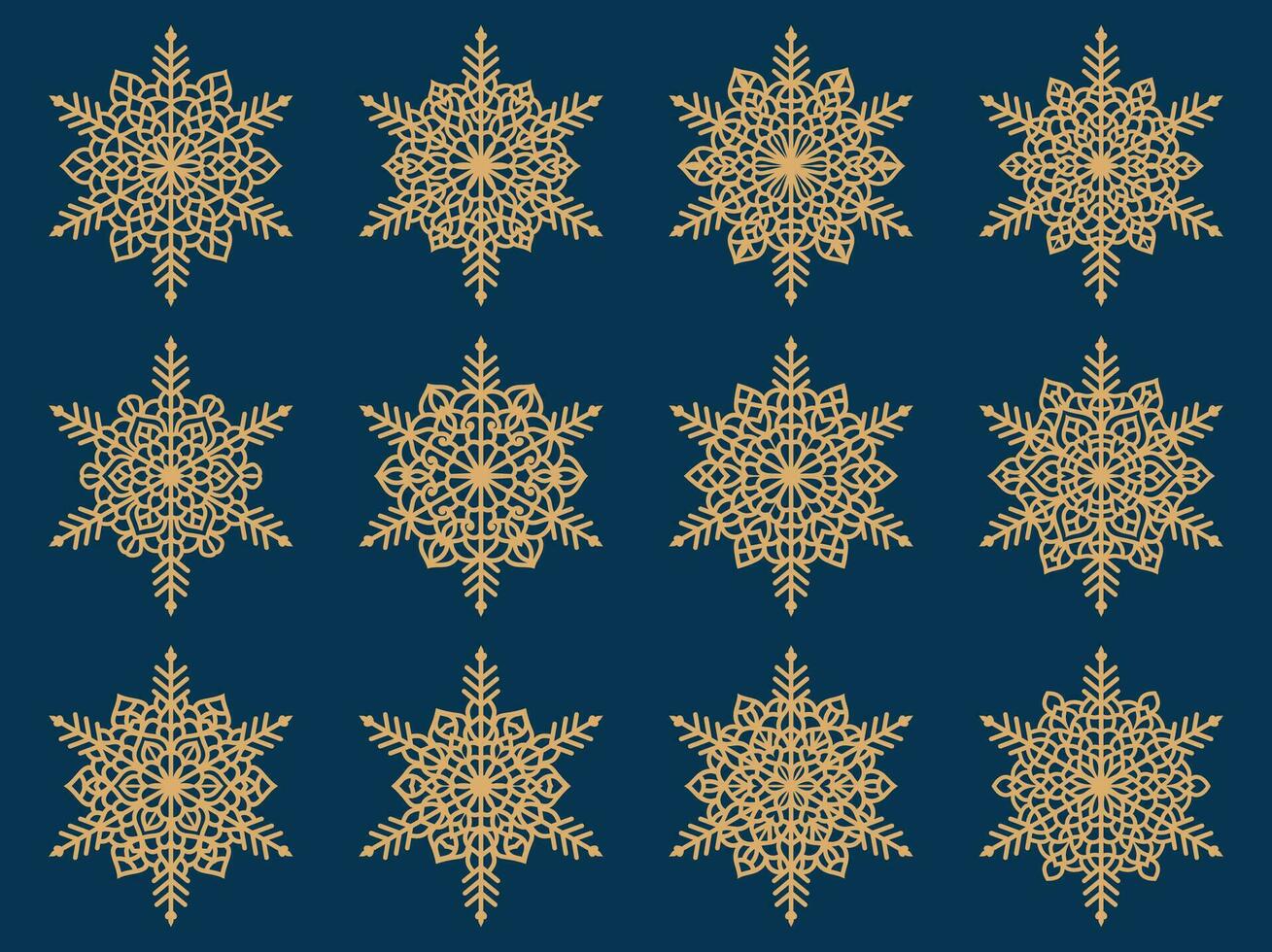 Set of laser cutting openwork snowflakes. Vector silhouette of christmas decoration. Template for paper isolated on blue background. Stencil for scrapbooking, carved wood.