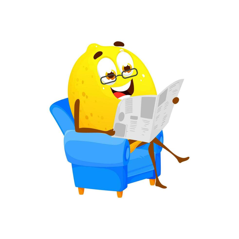 Cartoon lemon character reading newspaper, vector