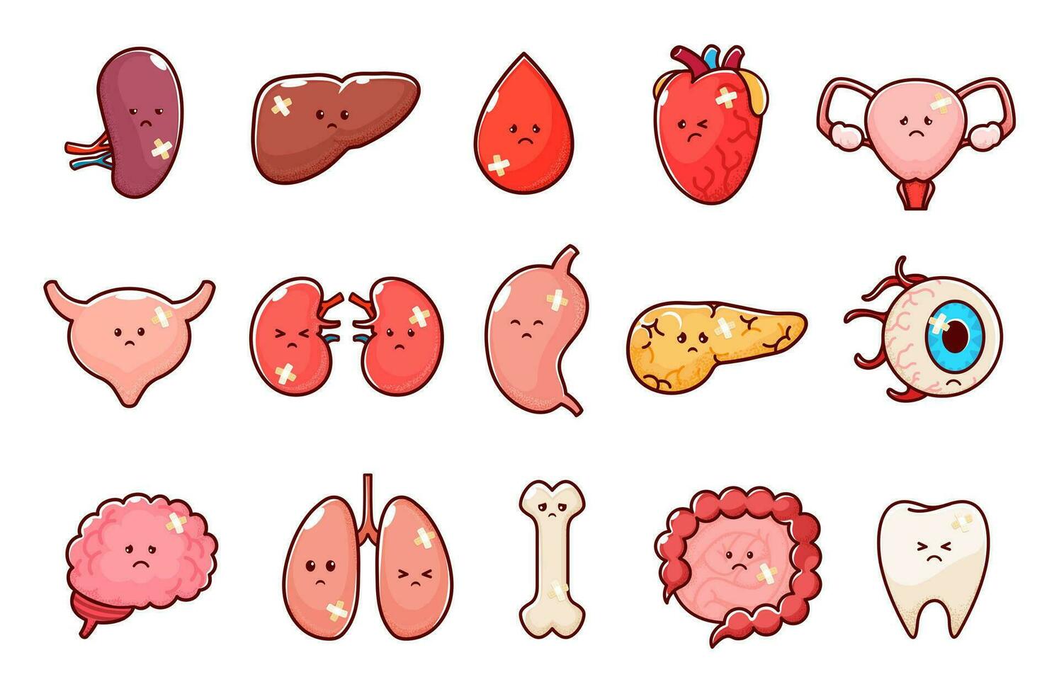 dibujos animados infeliz enfermo cuerpo Organo caracteres conjunto vector