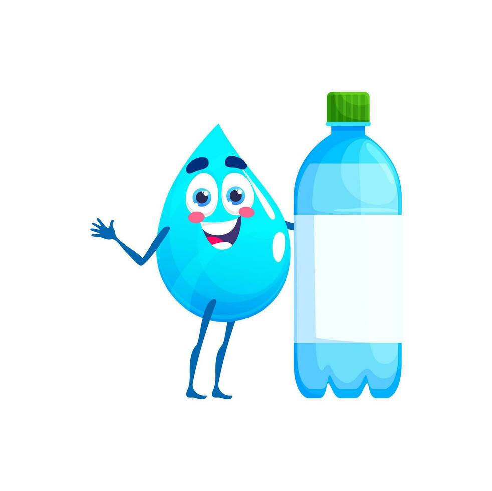 Cartoon happy water drop character with bottle vector