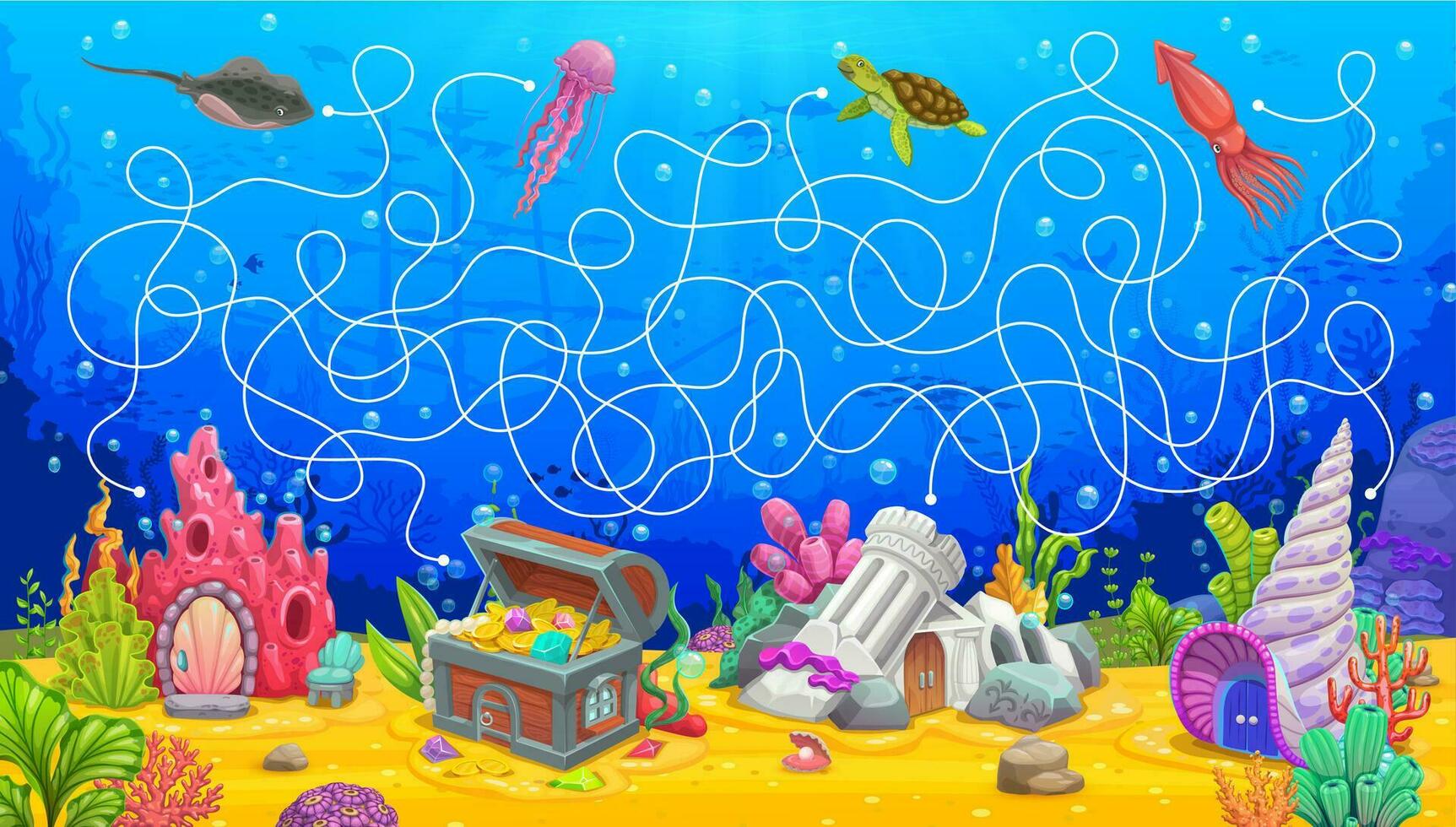 Underwater labyrinth maze, help animals find house 34118684 Vector Art