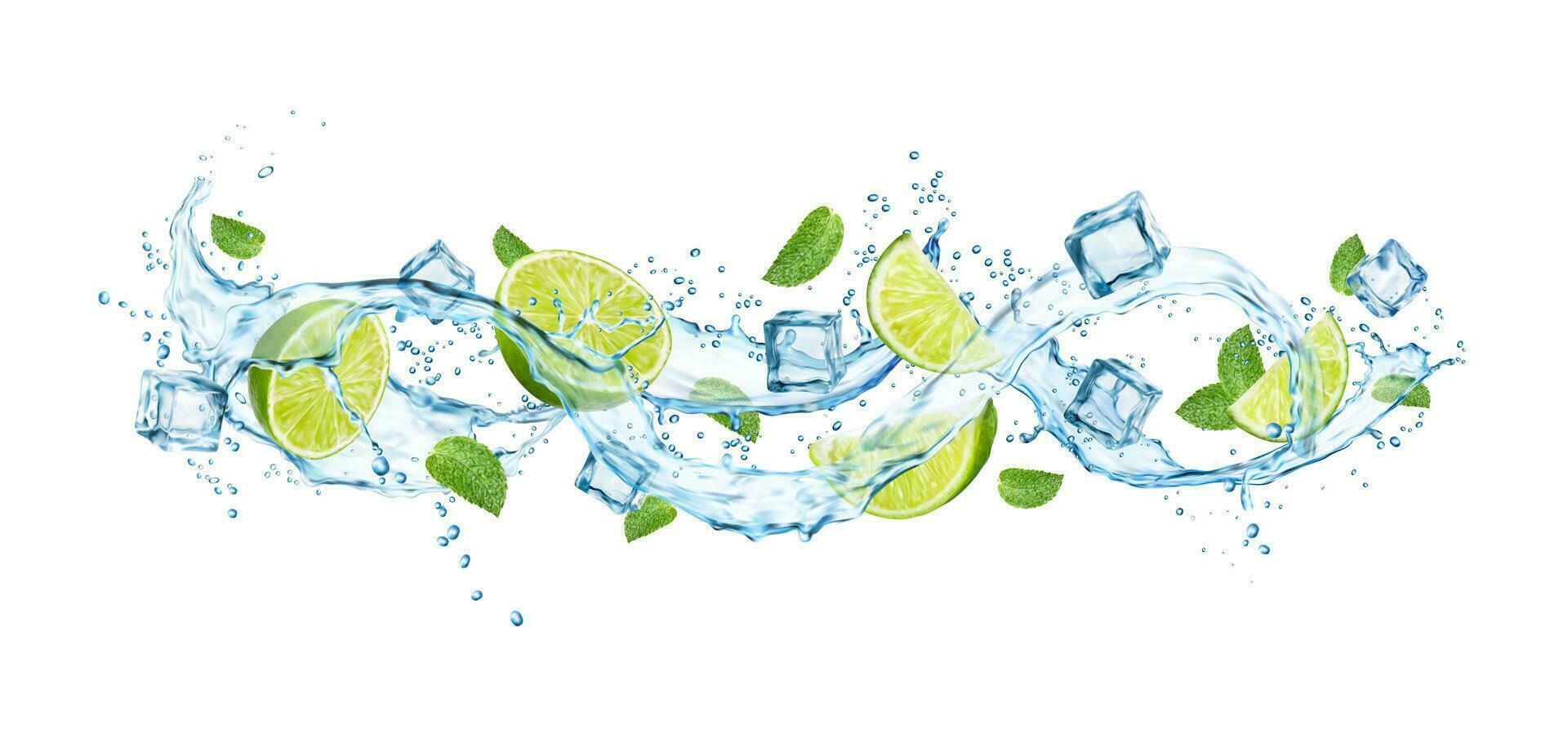 Mojito drink splash with water, ice, lime and mint vector