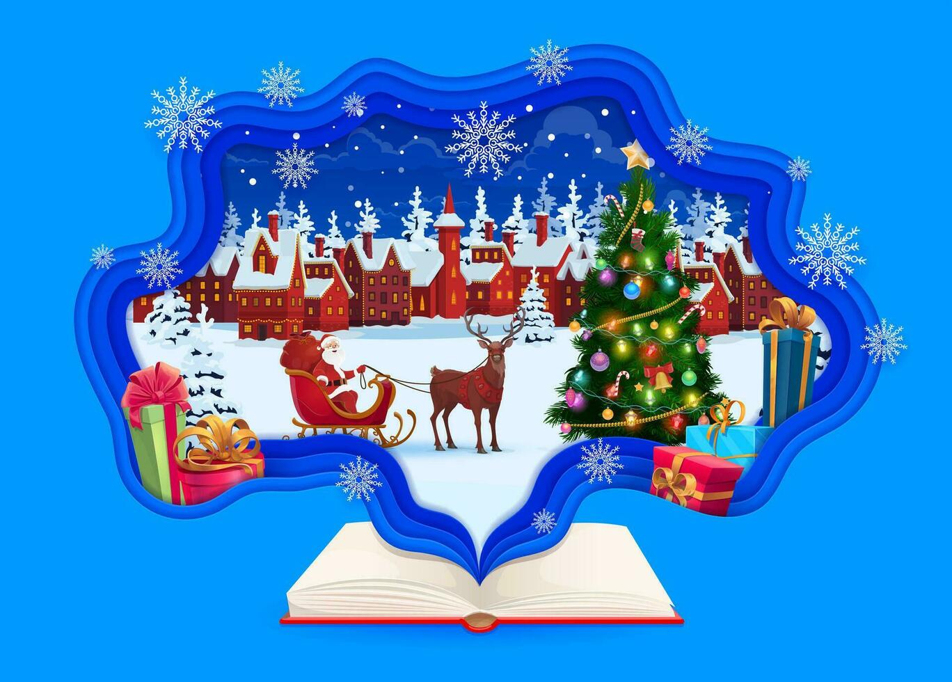 Christmas paper cut greeting card with opened book vector