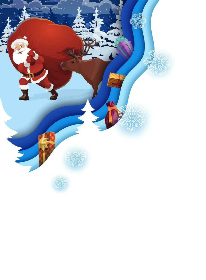 Christmas paper cut poster, Santa with presents vector
