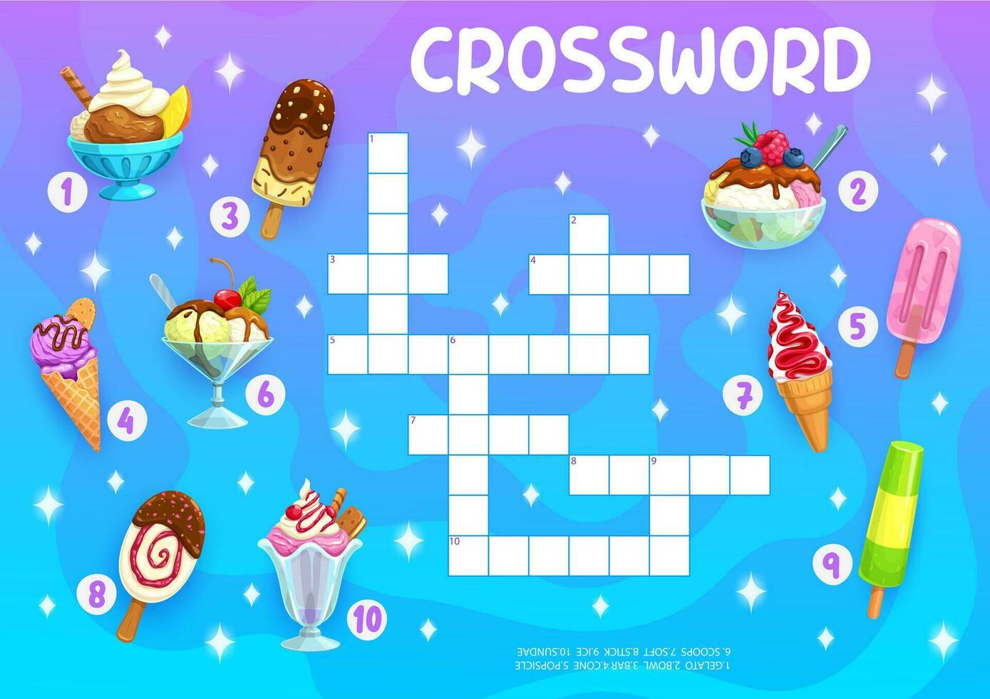 Crossword quiz game with cartoon gelato ice cream vector
