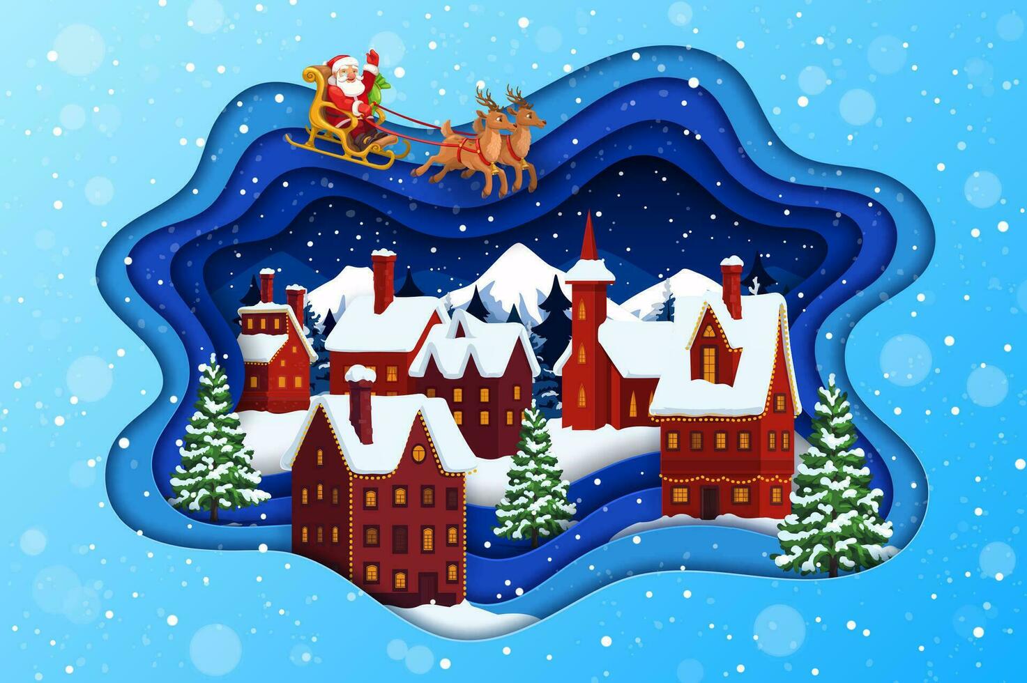 Navidad papel cortar Papa Noel en trineo y Nevado pueblo vector