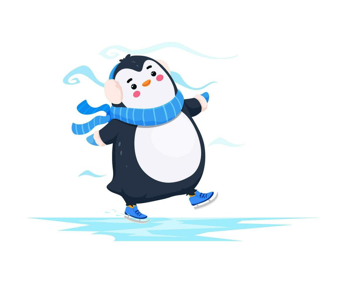 dibujos animados linda gracioso pingüino patines en el glacial pista vector