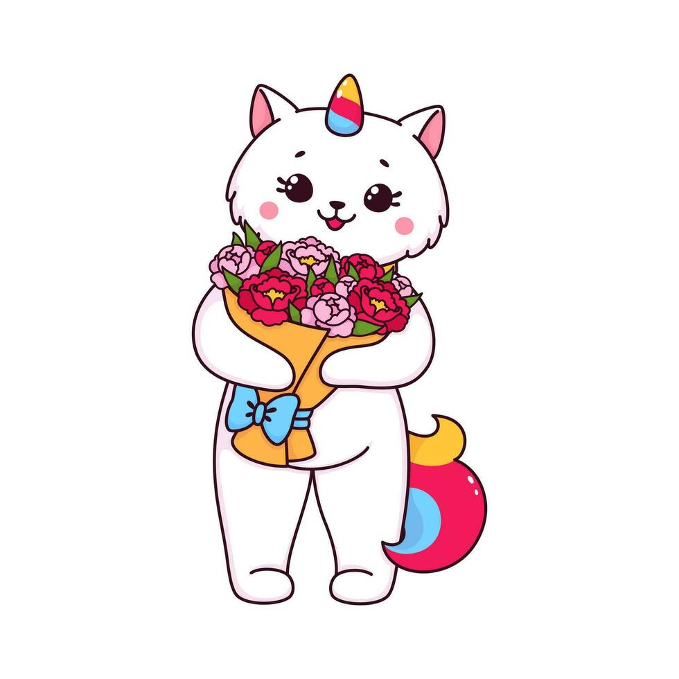 Cartoon cute caticorn cat character with flowers vector