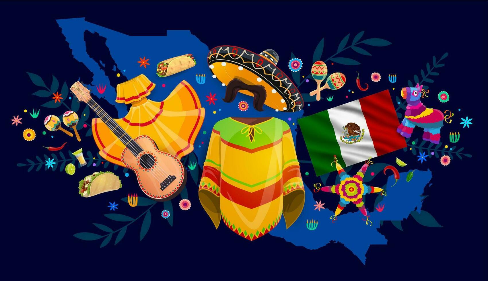 Mexico map, mexican costumes, food, instruments vector