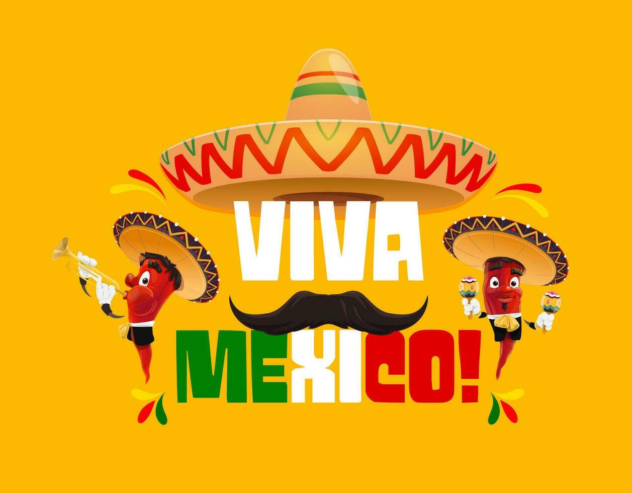 Viva Mexico banner chili pepper mariachi character vector