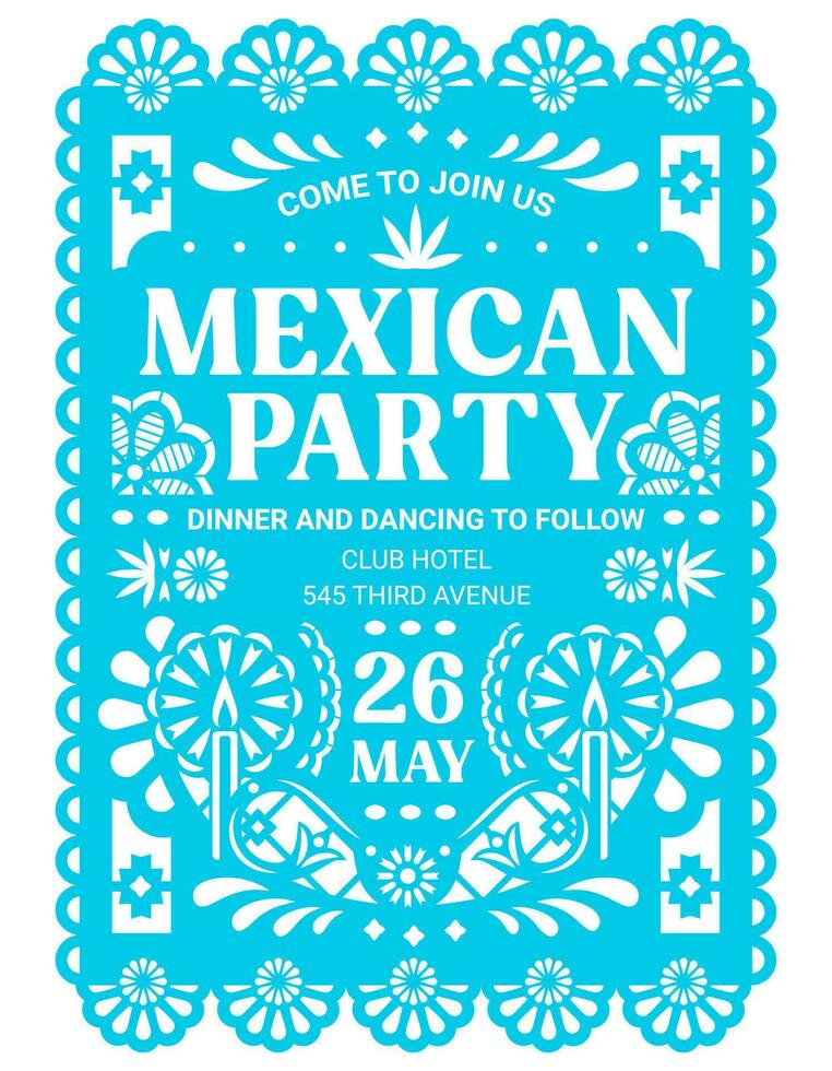 Mexican party flyer of papel picado paper cut flag vector