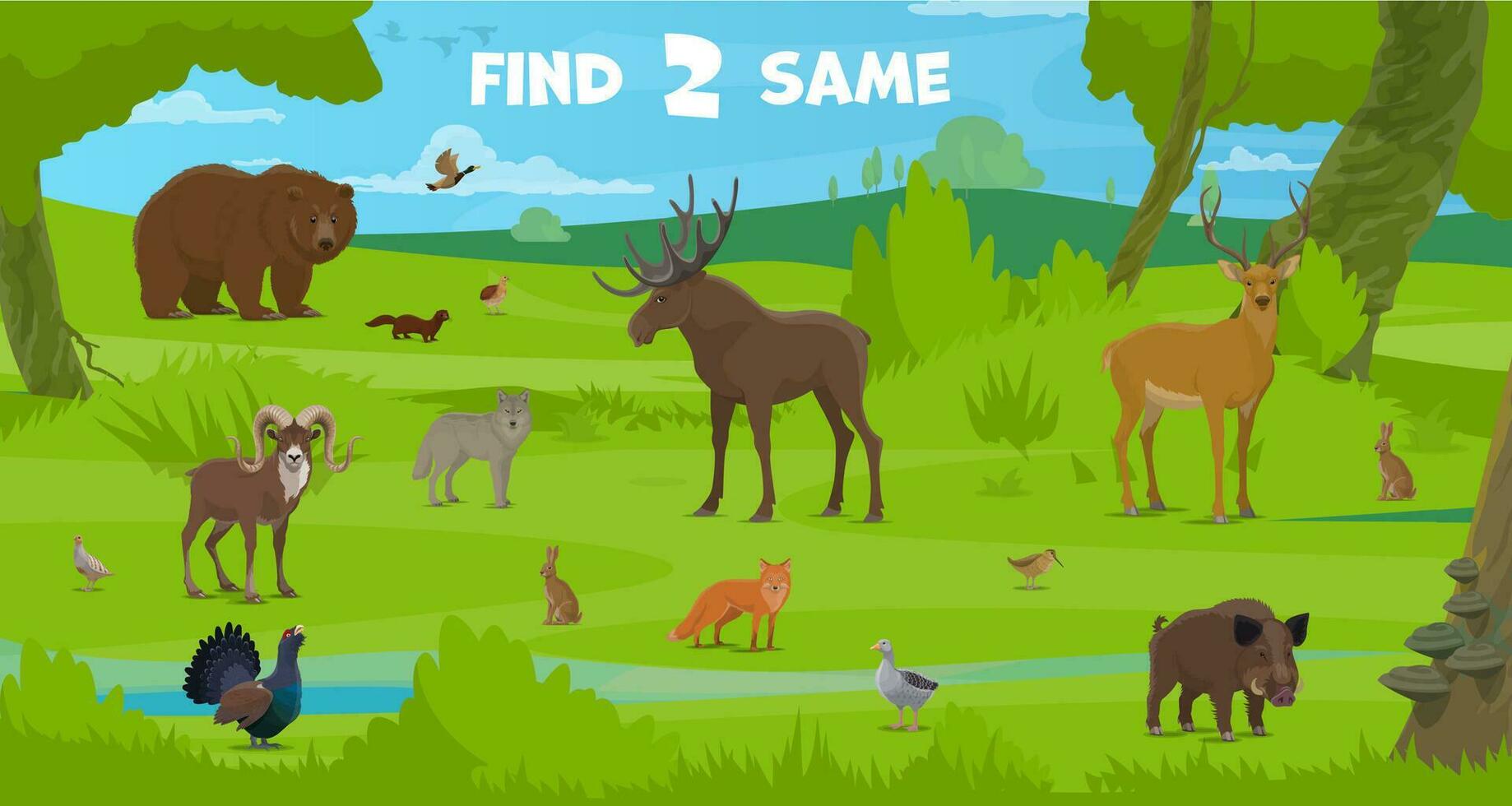 Find two same forest hunting animals on kids game vector