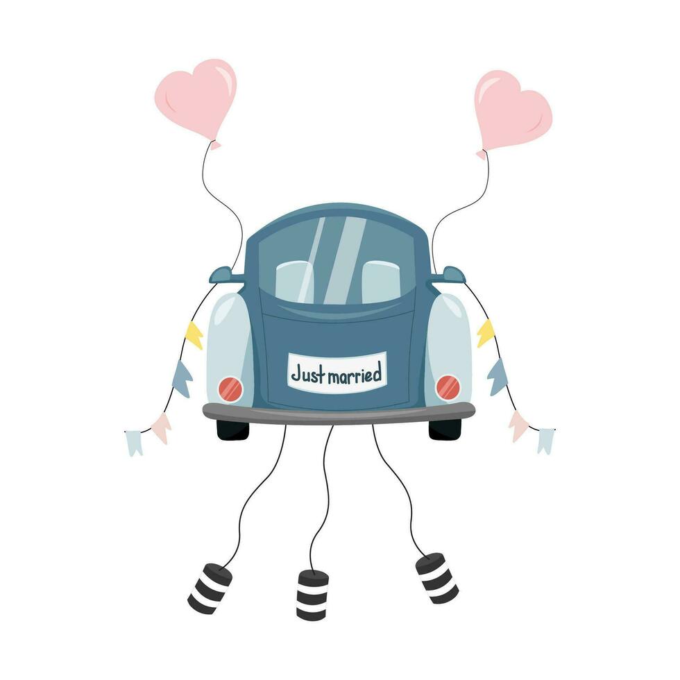 Newlyweds car with balloons, flags and cans. vector